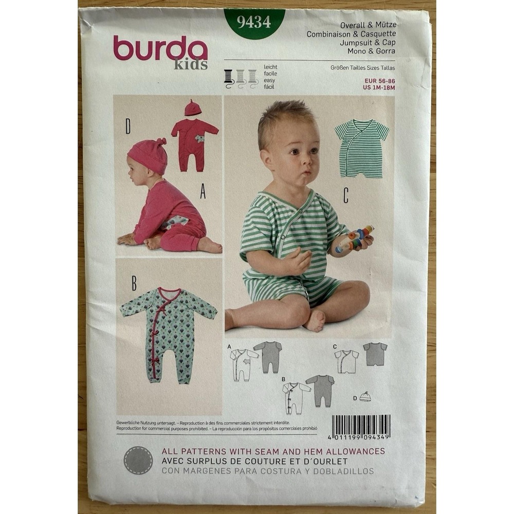 Burda Kids Pattern 9434 Infant Child's Semi-Fitted Jumpsuit & Cap Size 1M-18M UC